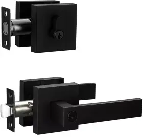 Berlin Modisch 686912505644 Contemporary Square Entry Black Lever Door Handle And Deadbolt Set