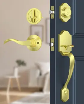 Sy2114-g Brightify Brushed Gold Front Door Lock Set Keyed Entry Handle With Dead