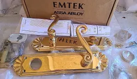 6030 Emtek Trenton Polished Brass Entry Door Handle Plate Set 10-3/4 Inch Compete Key