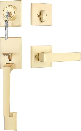 Haidms 705353384882 Gold Front Door Handle And Deadbolt Set Reversible Lever Single Cylinder Keyed