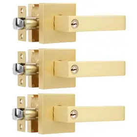 Heittis 767311443765 3 Pack Square Gold Door Handle With Key Heavy Knobs Interior Keyed Alike