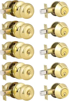 Hl-609et-101pb-5p-combo Home Improvement Direct 5 Pack Keyed Alike Entry Door Knob And Single Cylinder Polished Brass
