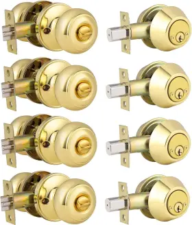 Hl-609et-102pb-4p-combo Home Improvement Direct 4 Pack Classic Polished Brass Entrance Round Knob Handle Entry Satin
