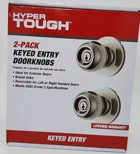 Hyper Tough 048037631774 Keyed Entry Ball Locking Doorknobs Stainless Steel Finish Twin Pack