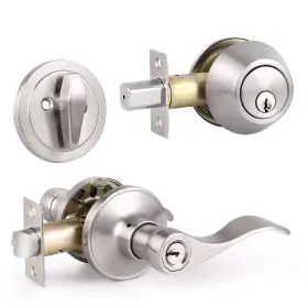 12061et-101-lf-sn-combo-1 Knobonly Entry Door Handle Set With Single Cylinder Deadbolts All Keyed Alik