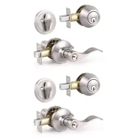 12061et-101-lf-sn-combo-2 Knobonly 2 Sets Of Front Exterior Door Knob Set With Single Cylinder Deadbolts In Sati