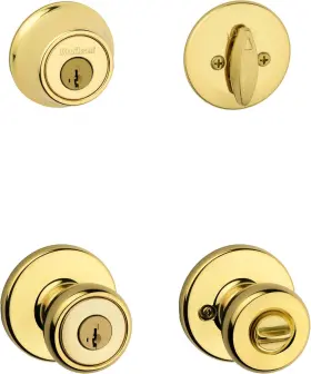 Kwikset 199394010822 Tylo Front Door Lock Handle And Deadbolt Set Polished Brass