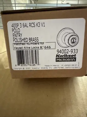 94002-933 Kwikset Microbe Polo Entry Polished Brass 400p 3 6al Rcs K3 V1
