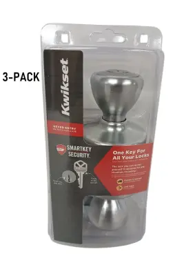 94002-952 Kwikset 3-pack Smartkey Security Key Entry Door Knob -satin Nickel