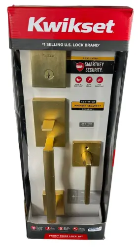 98180-031 Kwikset San Clemente Deadbolt Front Door Handle Set With Halifax Lever Satin Brass