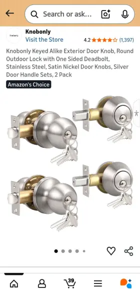 Lock & 067818778701 Knobonly Keyed Alike Exterior Door Knob Round Outdoor And One Sided Deadbolt