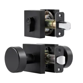 Bl01 Naubea Exterior Black Door Knob With Single Cylinder Deadbolt Lock Set Round Entry