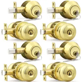 Probrico 941154050906 Polished Brass Keyed Entry Door Knob And Double Cylinder Deadbolt Lo