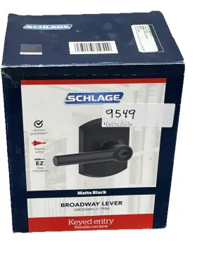 Schlage 043156719549 Broadway Lever Keyed Entry Handle Greenwich Trim Matte Black. 90