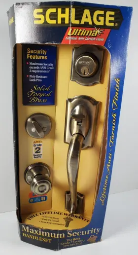 P513629 Schlage 043156747887 Antique Brass Maximum Security Door Handleset Brand New