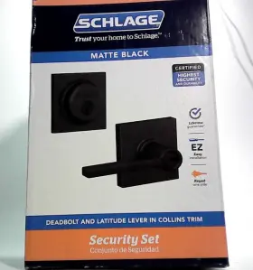 Fb55n Schlage New Deadbolt And Latitude Lever In Collins Trim Black G Lat 622 Col