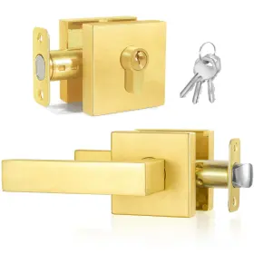 Shiny Handles 614162399140 Satin Brass Door Handle Set With Single Cylinder Deadbolt And Lever Gold Keye