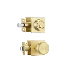 Starpy 786368918781 Satin Brass Door Knob With Lock Exterior Set Deadbolt Square