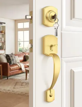 Dl9860hsd Tinewa Camelot Brushed Gold Front Door Handle And Deadbolt Set Lock