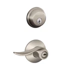 Schlage Sacramento Satin Nickel Deadbolt & Keyed Entry Door Handle Combo Pack Open. Price: $36.99.