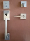 Kwikset San Clemente Satin Nickel Front Entry Door Handleset Lock Halifax Lever Open. Price: $59.95.