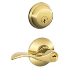 Schlage Accent Bright Brass Door Handle Combo Pack W/ Single Cylinder Deadbolt Open. Price: $35.99.