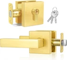 Satin Brass Door Handle Set With Single Cylinder Deadbolt Lever Gold Keyed Front Open. Price: $59.99.
