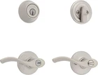 Kwikset Balboa Satin Nickel Keyed Entry Door Handle & Single Cylinder Deadbolt Open. Price: $25.00.
