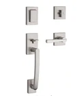 Baldwin Spyglass Satin Nickel Front Entry Handleset Keyed Smartkey Lever Square Open. Price: $115.00.