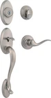 Kwikset Shelburne Handleset Satin Nickel Tusin Lever & Keyed Deadbolt Open. Price: $39.95.