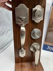 Toledo Single Cylinder Satin Nickel Door Handleset Open. Price: $59.99.