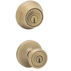 Kwikset Tylo Antique Brass Entry Knob And Double Cylinder Deadbolt Combo Pack Open. Price: $17.99.