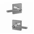 Schlage Latitude Door Lever, Square Rosette, Satin Silver, Reversible Interior Used. Price: $21.99.