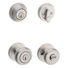Kwikset Juno Satin Nickel Entry Door Knob & Single Cylinder Deadbolt Combo Open. Price: $34.99.