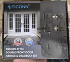 Ticonn Double Front Door Handle & Deadbolt Set. Square Style In Matte Black Open. Price: $35.00.